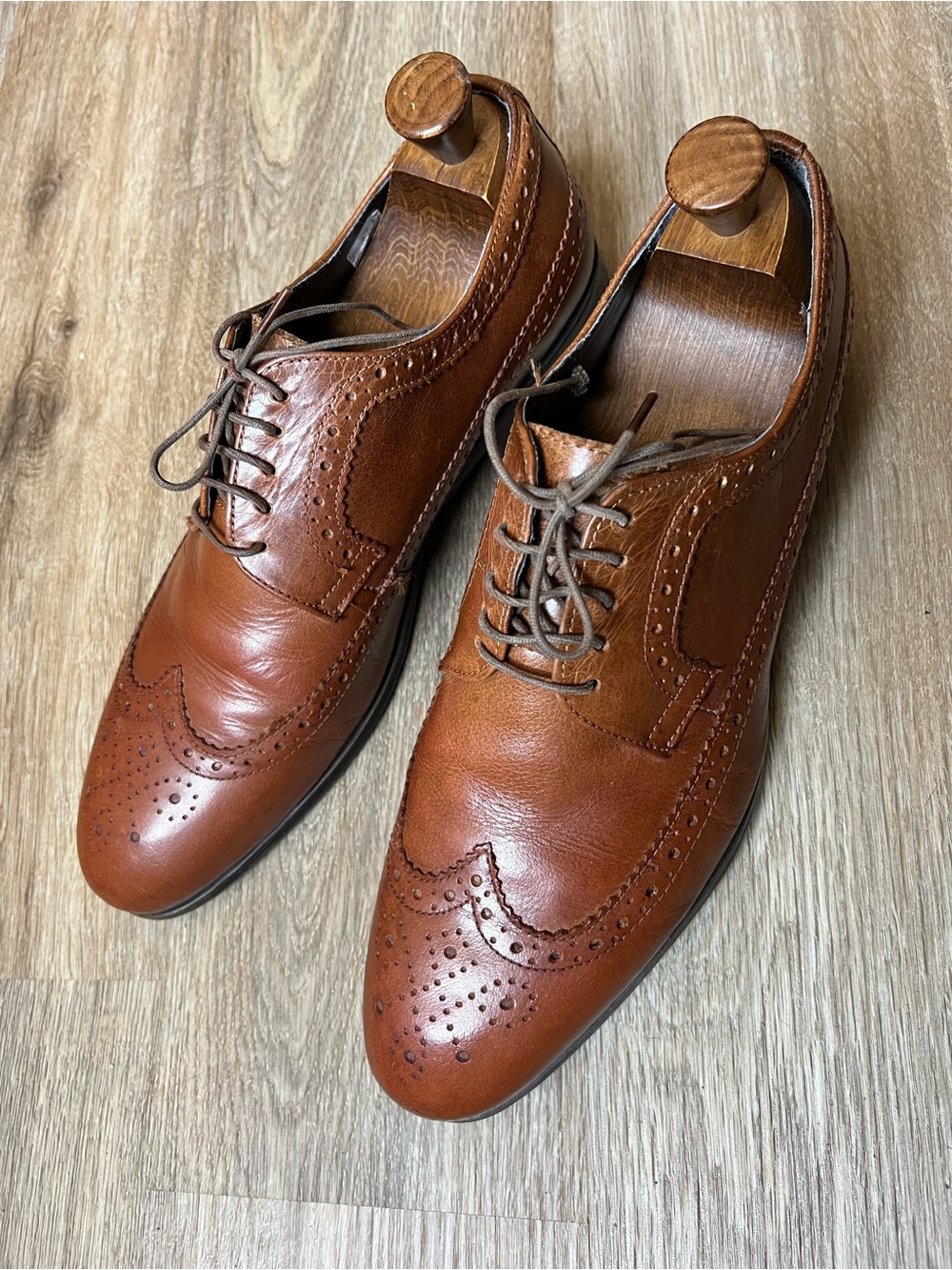 Topman Tan Brown Leather Wingtip Oxfords